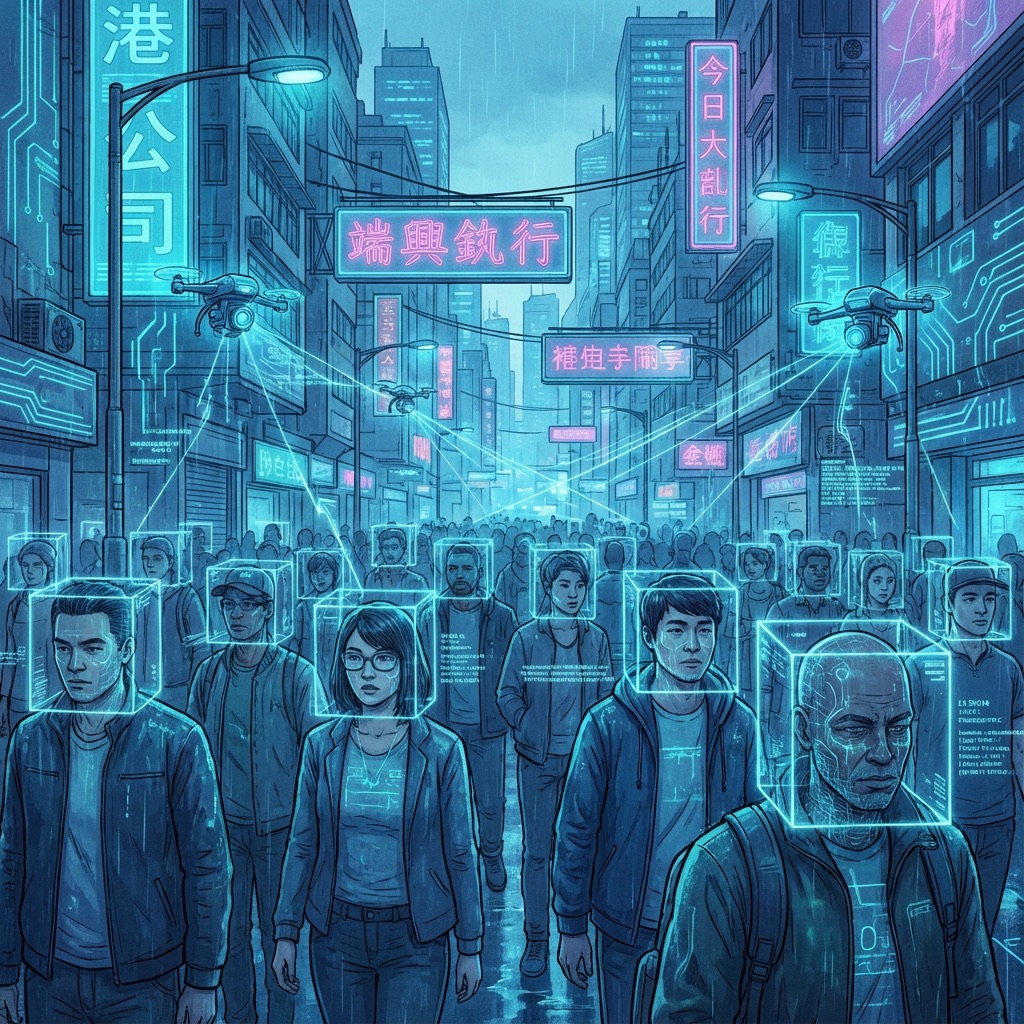 Digital illustration of facial recognition technology scanning a crowd