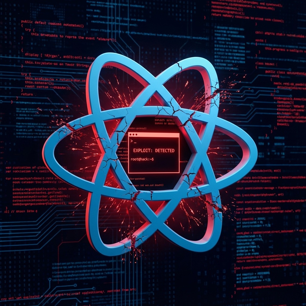 Concetto grafico della vulnerabilità React2Shell, con logo React spezzato e codice binario rosso di allerta
