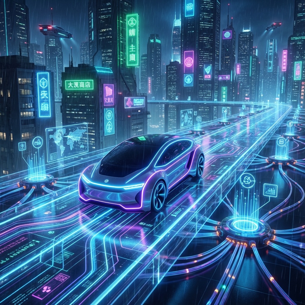 Futuristic connected car on a digital highway